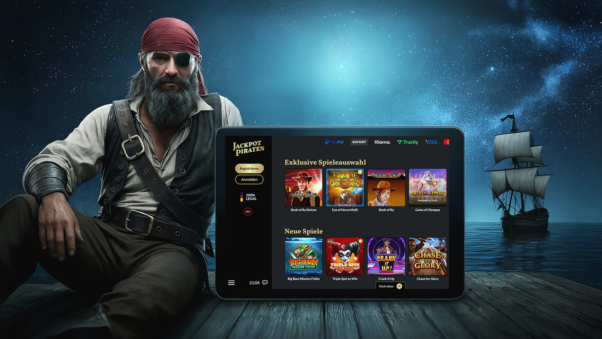 JackpotPiraten Casino Hauptbild mit Spielautomaten und Bonusangeboten